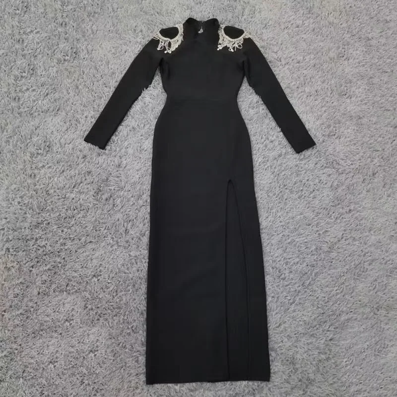 

2020 Women Sexy Designer Tassel Split Long Sleeve Black Bandage Dress Backless Long Prom Celebrity Bodycon Party Dress Vestido