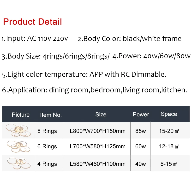 Luces de techo Led modernas para sala de estar, comedor, dormitorio, vestíbulo, aplicación con control remoto, regulable, lámpara de techo, 8 anillos, 6 anillos