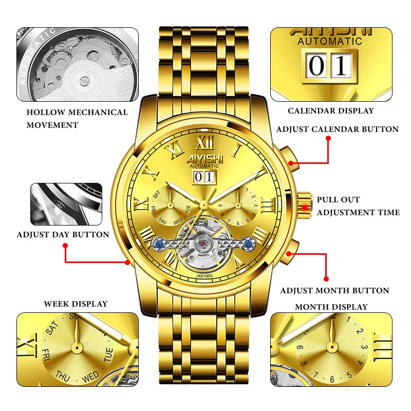 

Men's Mechanical Watches Tourbillon Mechanical Double-sided Hollow Fashion Business Sports Automatic Date Stainless Steel Watch