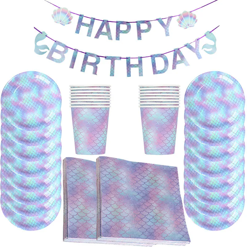 53Pcs Little Mermaid Birthday Party Decorations Sets Tableware Kit Under the Sea Party Supplies Baby Shower Wedding Party Favors