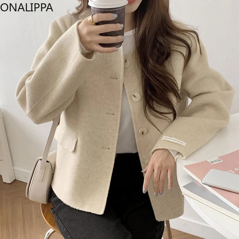 

Зимнее шерстяное пальто ONALIPPA, однобортное кашемировое пальто во французском стиле с длинным рукавом и круглым вырезом, двустороннее, 2021