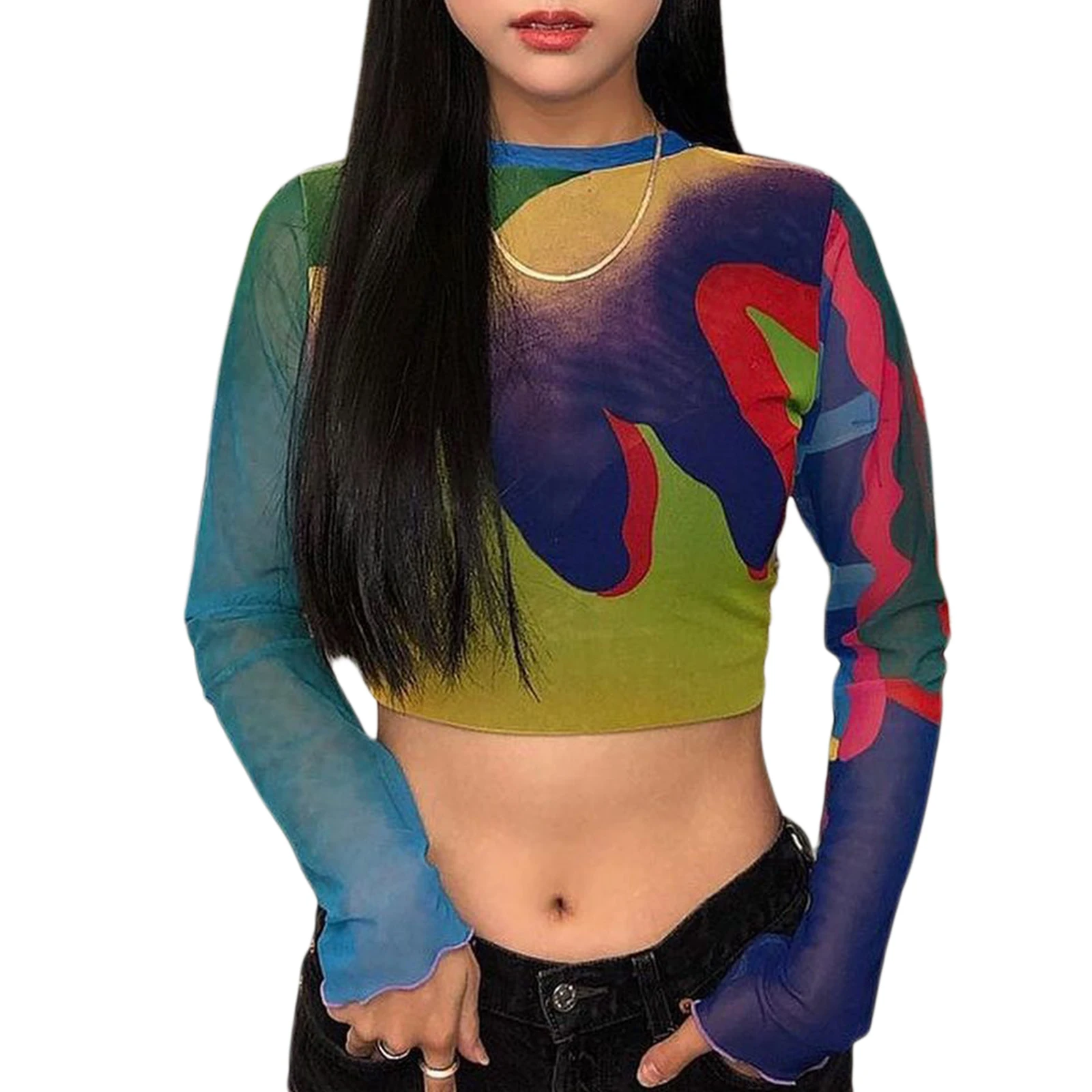 

Женские сетчатые Футболки с длинным рукавом, облегающие кроп-топы с абстрактным принтом и круглым вырезом