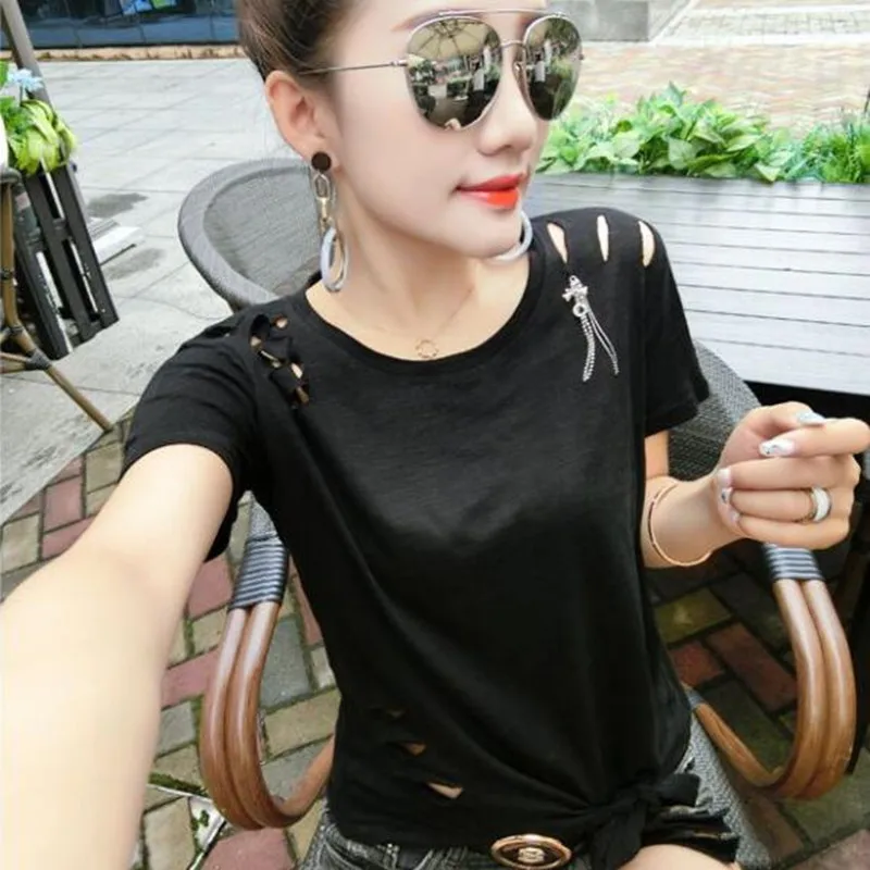 2021 Новая женская летняя обувь полые футболка с бантом Женская отверстиями Топы