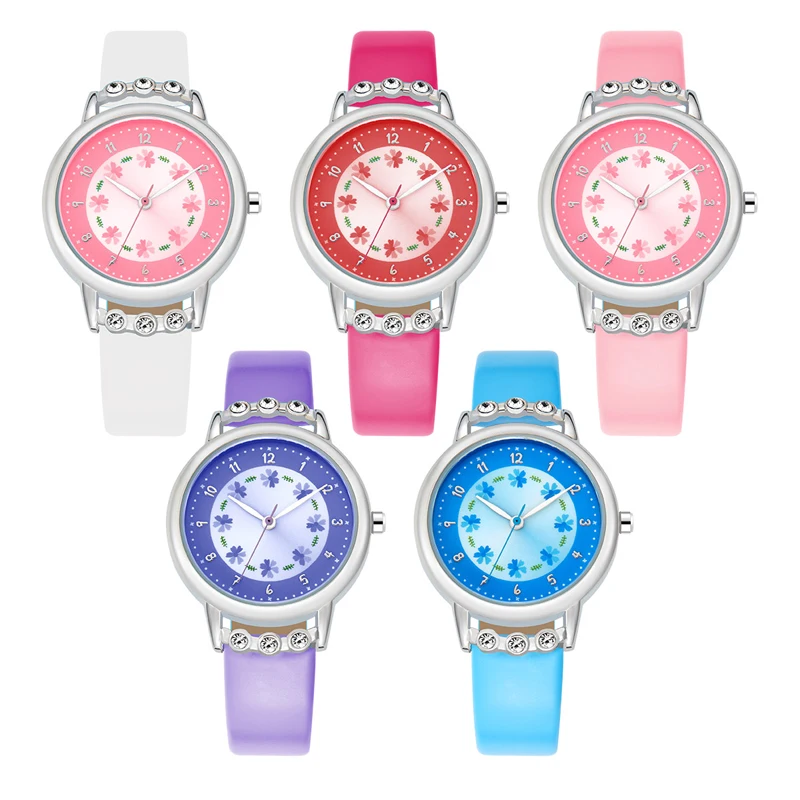 

No.2 Brand Children Kids Watches Casual Fashion Cute Flowers Students Watch PU Leather Strap Quartz Wrist Watch For Girl Gift