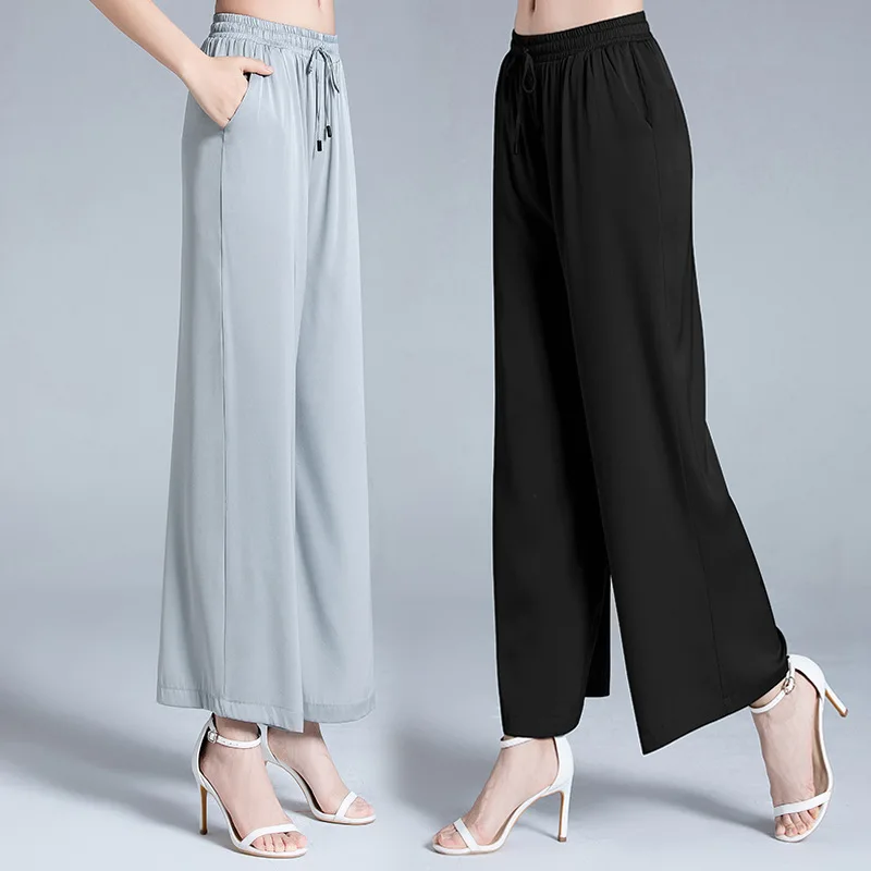 Women's luxury trousers wide leg pants 19mm stretch double joss silkworm mulberry silk thin and light summer loose pants 21A09