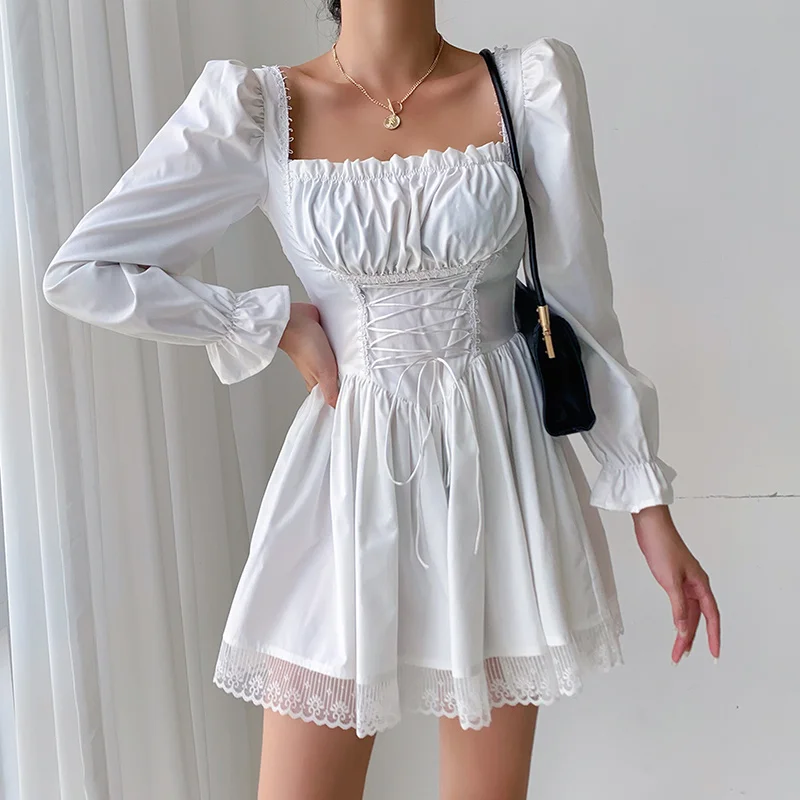 

Women's French lace stitched bubble sleeve dress early autumn ins strap waist closing fashion dress
