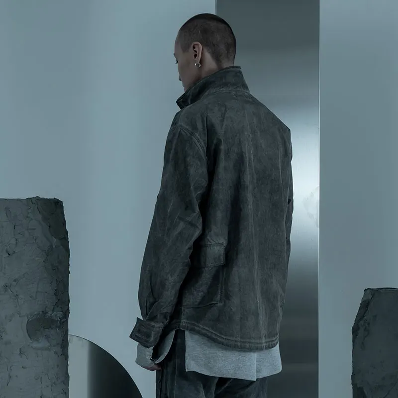 PUPIL TRAVEL Men's Washed Vertical Collar Zip Up Shirt 20FW Techwear Hip Hop Punk Jacket Waste Soil Style Streetwear