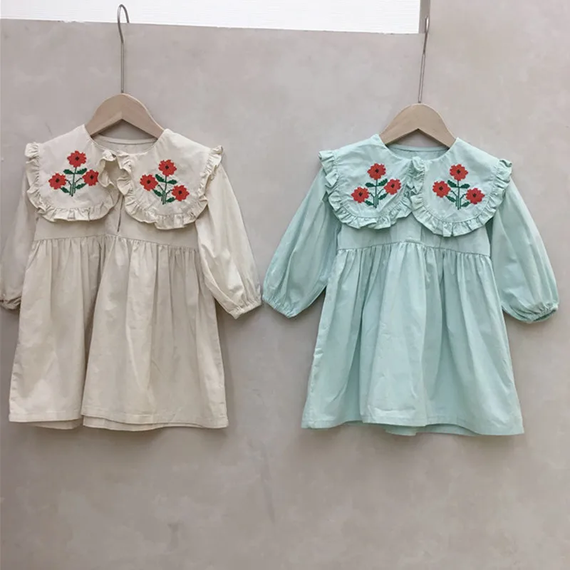 

Children Dresses 2021 Kids Clothing Child Girl Floral Embroidery Frock Korean Kids Clothes Spring Little Girls Long Sleeve Dress