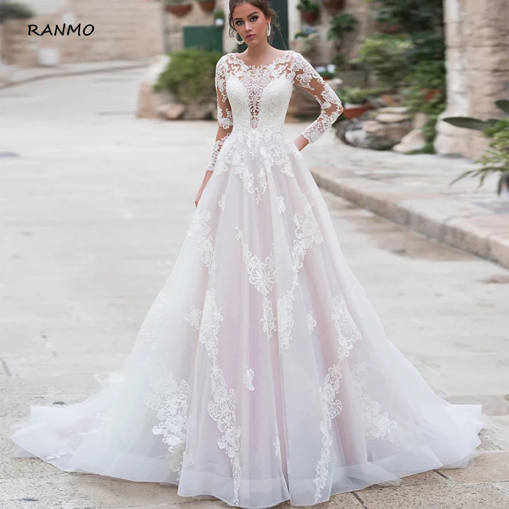 

RANMO Blush Pink Wedding Dresses Long Sleeves O-Neck Lace A-Line Elegant Wedding Gown Custom Made Boho Bridal Dress 2021