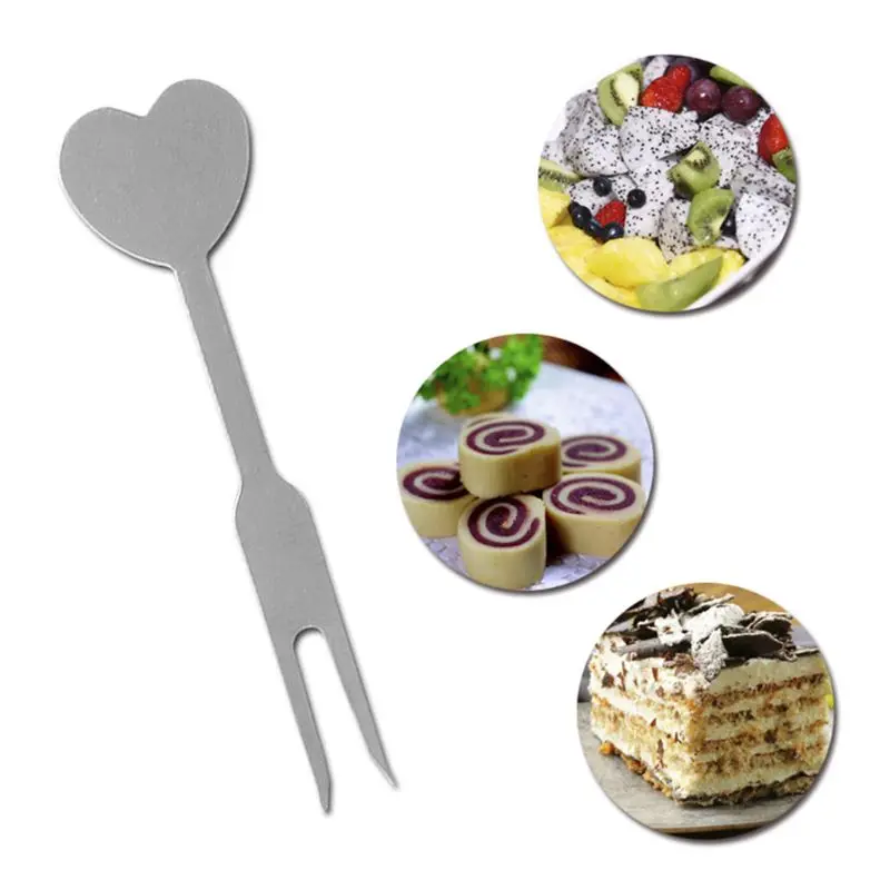 

Mini Stainless Steel 2 Tines Fork Dessert Cake Fruit Salad Cutlery Flatware Love Heart Handle Convenient Home Kitchen Accessory
