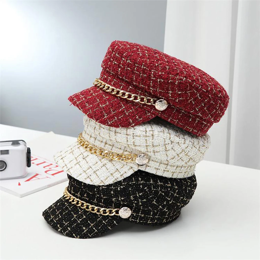 

Elegant Women's Retro Tweed Plaid Hat Ladies Flat Top Visor Peaked Beret