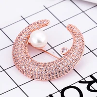 elegant zircon crystal freshwater pearl moon brooch pins brass corsage lapel pin women clothing accessories ornaments