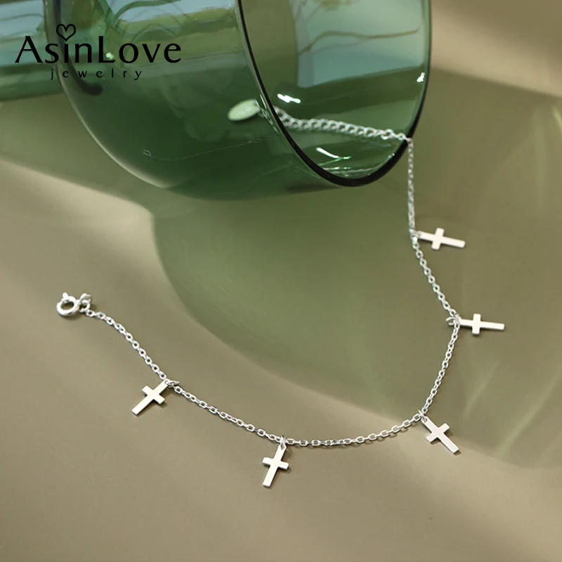 

AsinLove 925 Sterling Silver Simple Design Cross Pendant Chain Anklet Bracelet for Women Girls Barefoot Beach Fine Jewelry 2021