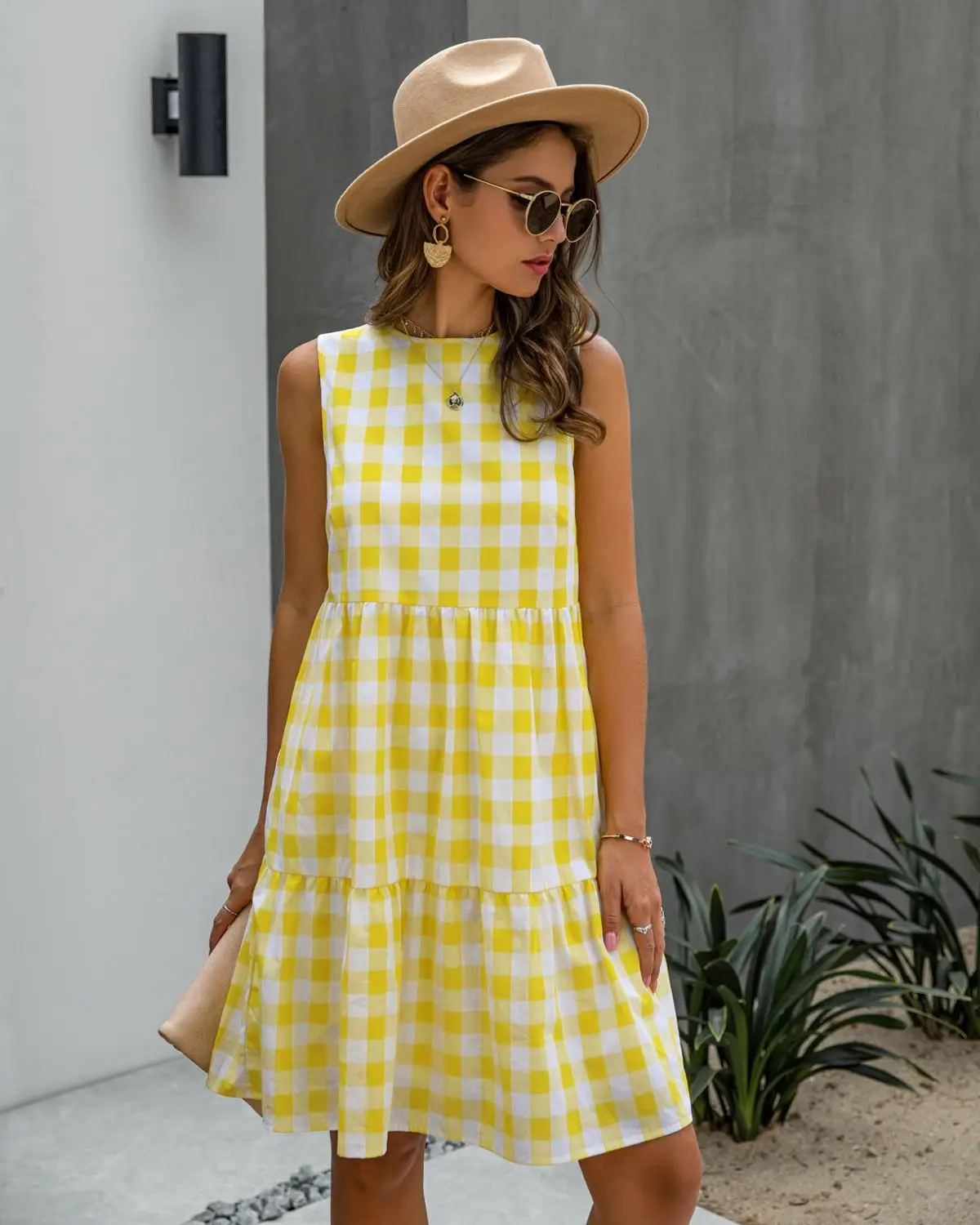 Платье женское клетчатое ТРАПЕЦИЕВИДНОЕ повседневный синий сарафан свободного