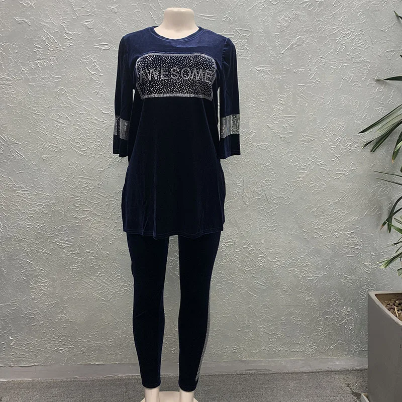 

Muslim African 2 Piece Set Clothes Women Dashiki Slim T-Shirt Pants Letter Ironed Drill Bead Hollowed-Out Sports Casual Suit