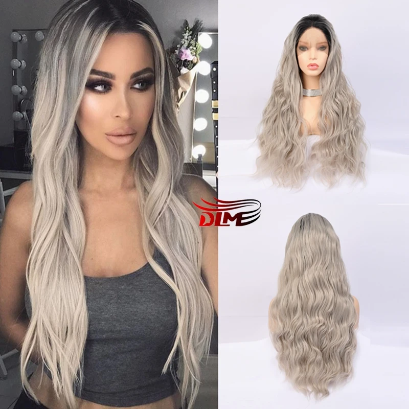 

DLME Ombre Gray Synthetic Replacement Wigs Heat Resistant Fiber24 Inch Long Wavy White Grey Wig With Natural Black Root Cosplay