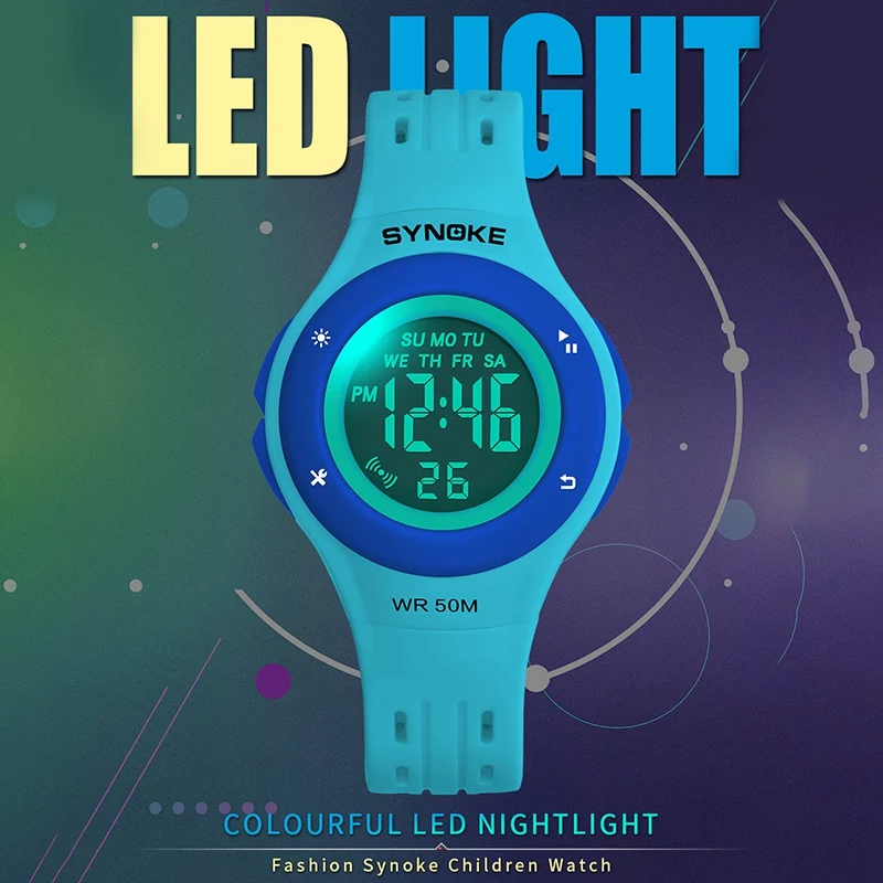 

Детские разноцветные светящиеся электронные часы SYNOKE, многофункциональные водонепроницаемые спортивные часы для мальчиков и девочек, сту...
