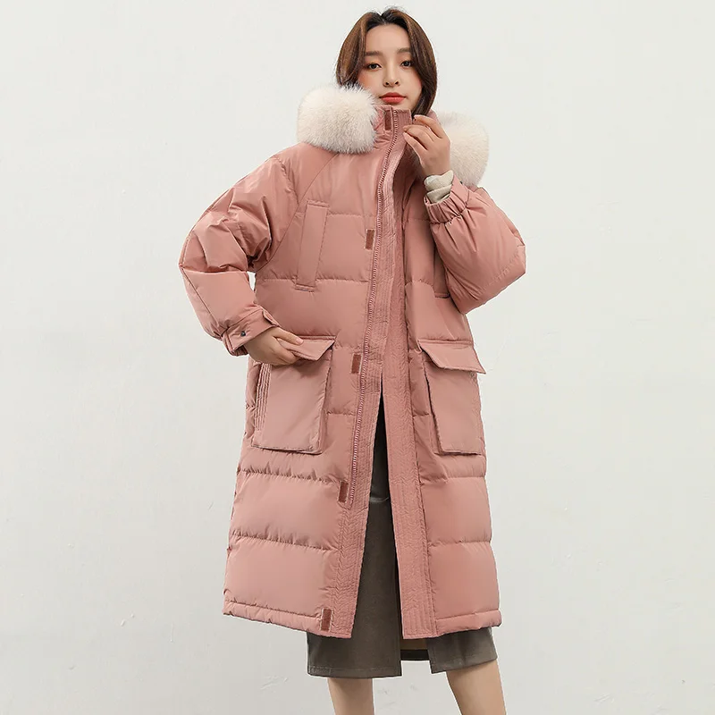 Big Real Fox Fur 2021 New Winter Women Thick Warm Loose Hooded Long Down Parkas 90% White Duck Jacket Windproof Female Coat | Женская