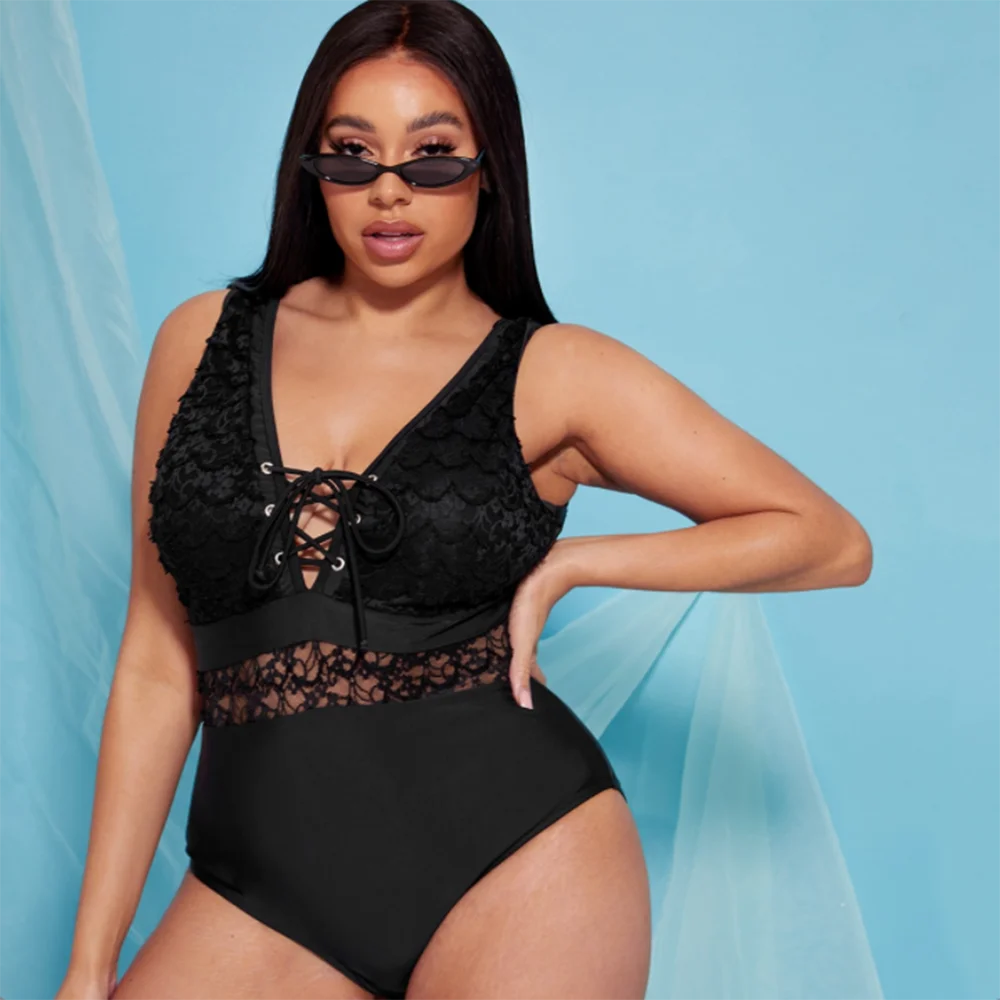 

2022 Summer New Arrival Women Sexy Solid Color One Piece Swimwear Plus Size XL-4XL Swimsuit Hollowed Out Bandage Bathing Suit