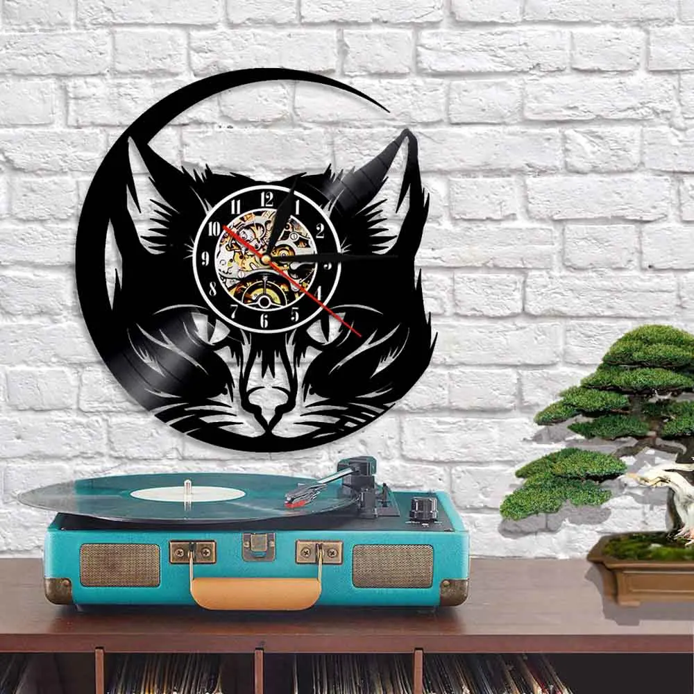 Настенные часы с изображением головы кошки Meow, Черный кот, Виниловая пластинка, часы, настенные художественные, кошачий магазин, Декор, винтажные животные, кот, любовник, часы для оформления дома
