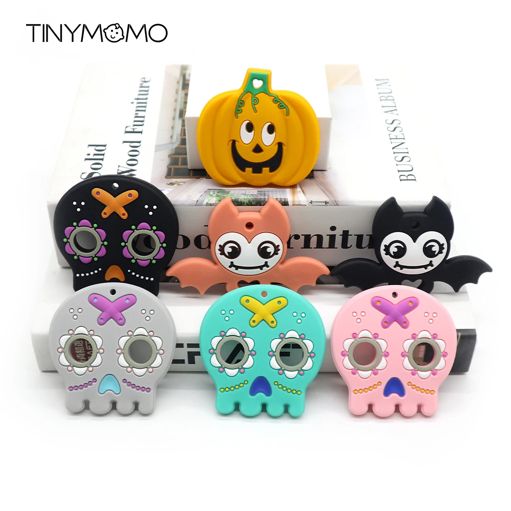 Mordedor de silicona de grado alimenticio, colgante de cadena de chupete de cr&aacute;neo calabaza y murci&eacute;lago para Halloween, Juguetes DIY, 1 Uds.-2
