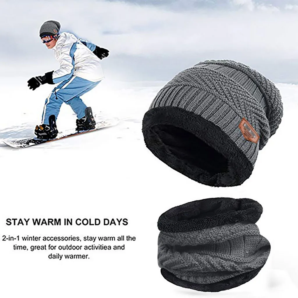 Мужская теплая шапка Skullies+ мягкий шарф, комплект из двух предметов, зимняя утолщенная шапка, Мужская ветрозащитная вязаная шапка, грелка для шеи# T5P