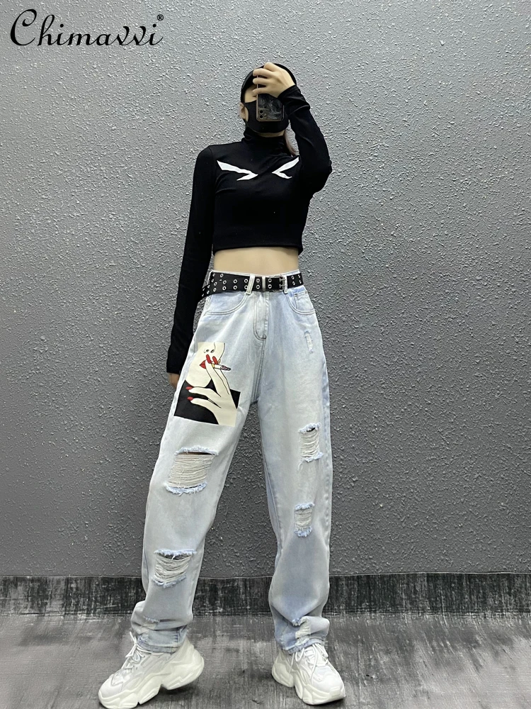 

Женские джинсы с принтом, тонкие длинные светло-голубые рваные джинсы с высокой талией, свободные утягивающие широкие брюки, уличная мода