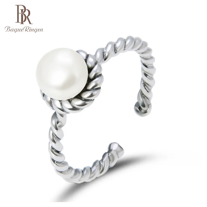 Багет Ringen 100% Настоящее серебро 925 Кольцо с большой натуральной жемчужиной Ювелирные изделия Регулируемое женское украшение Оптовая продажа