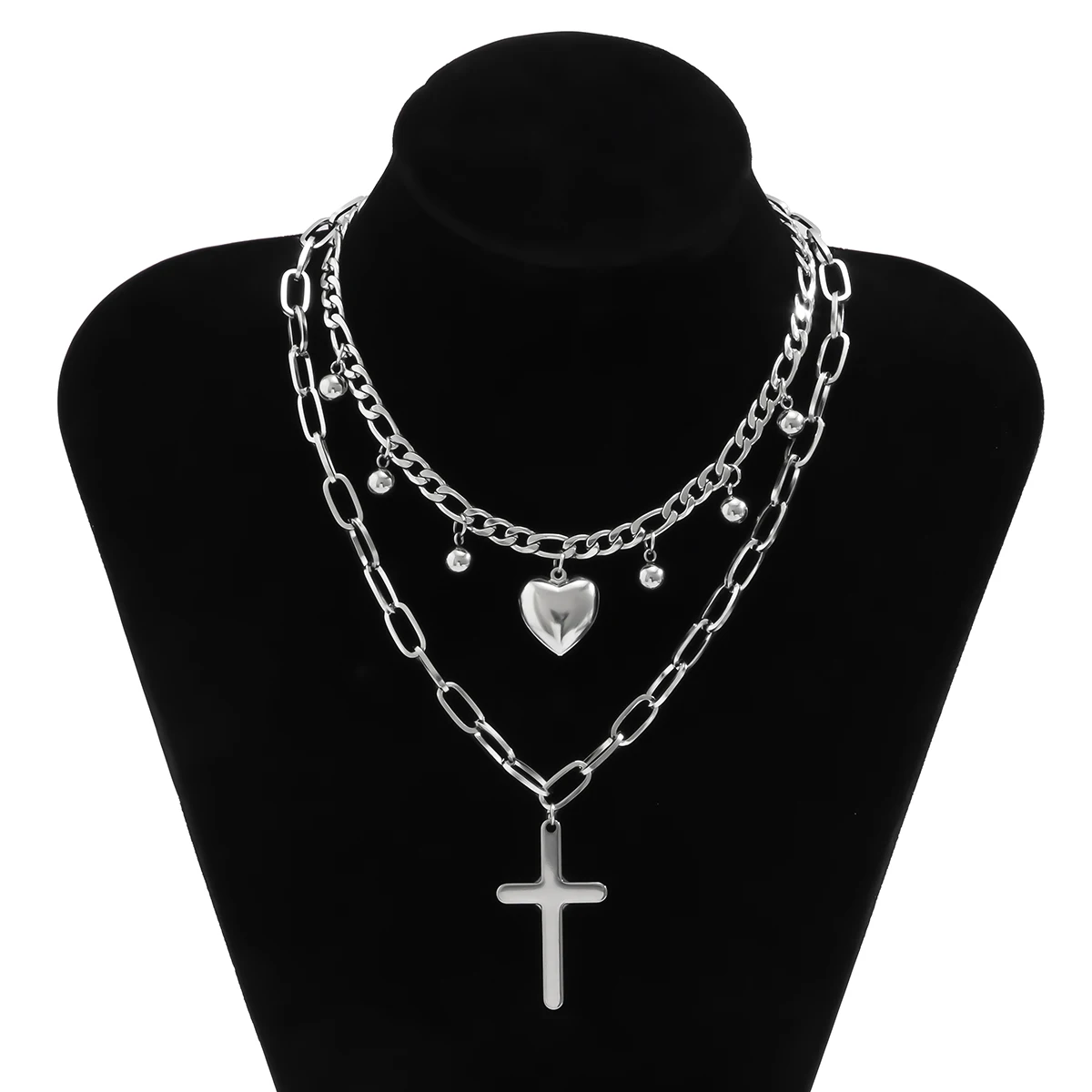 

IngeSight.Z Stainless Steel Ball Tassel Love Heart Choker Necklace Multi Layered Lock Cross Pendant Necklaces for Women Jewelry