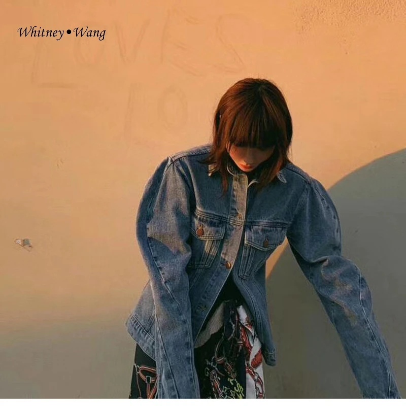WHITNEY WANG 2019 Осенняя модная уличная винтажная Стильная джинсовая куртка с пышными