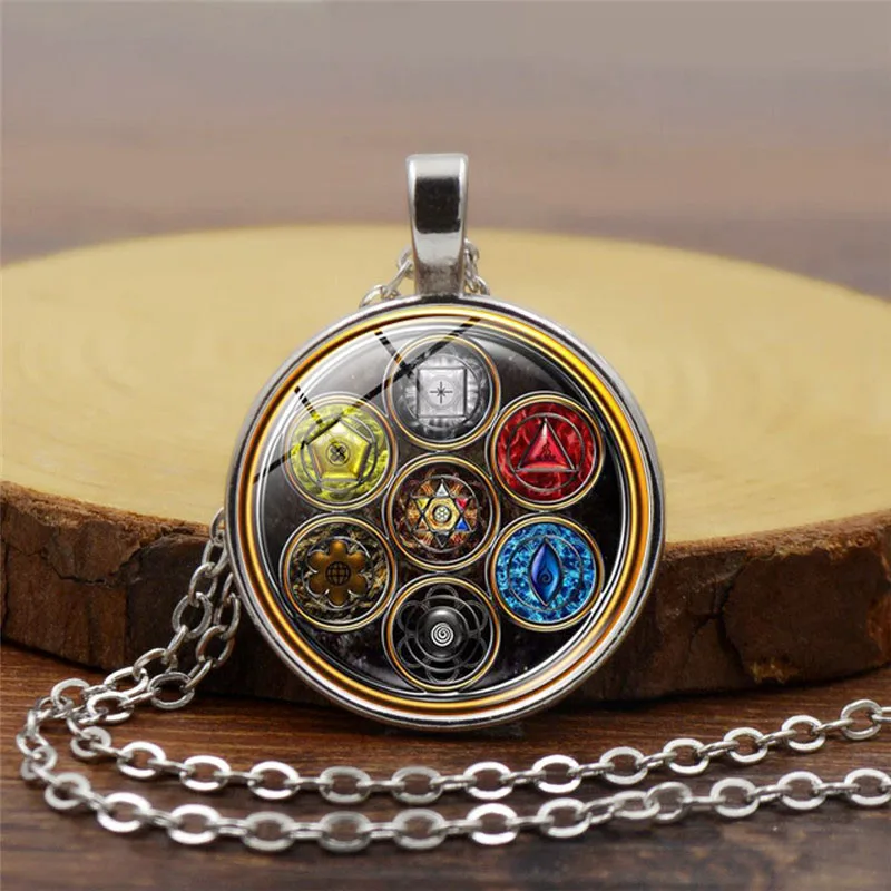 7 Chakra Om Symbol Necklace Yoga Reiki Healing Balance Creative Pattern Glass Dome Buddhism Vintage Necklace for Women Gift