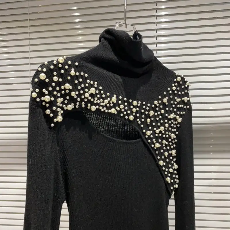 

Sexy Pullover Sweater Women 2021 Spring New Pearl Neckline Beaded Hollow-out Stretch Slim Fit Turtleneck Knitting Top