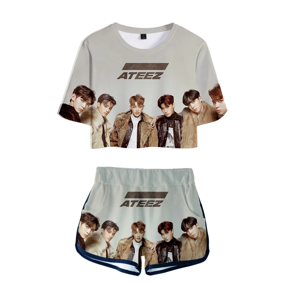 

Popular Cool summer streetwear suit Girls Sexy Two Pieces sets ATEEZ T-shirts shorts Pants Dew navel Sport Girls Short Suits