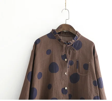 Женские рубашки в горошек Johnature топы японском стиле блузки с длинным рукавом