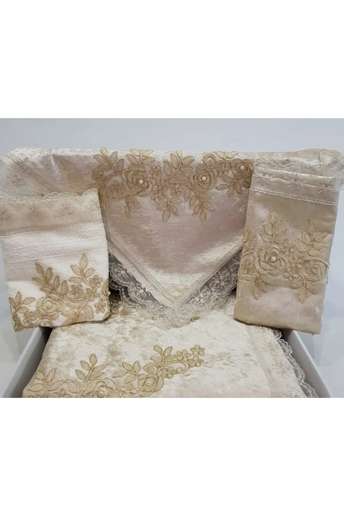 French Filet Lace Velvet Prayer Takımı Bundle Set Cappucino