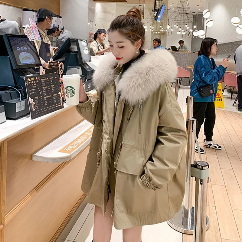 

Fitaylor New Winter Women Warm Cotton Parkas Fashion Hooded Large Fur Collar Coat Jacket Loose Zipper Adjustable Waist Outwear