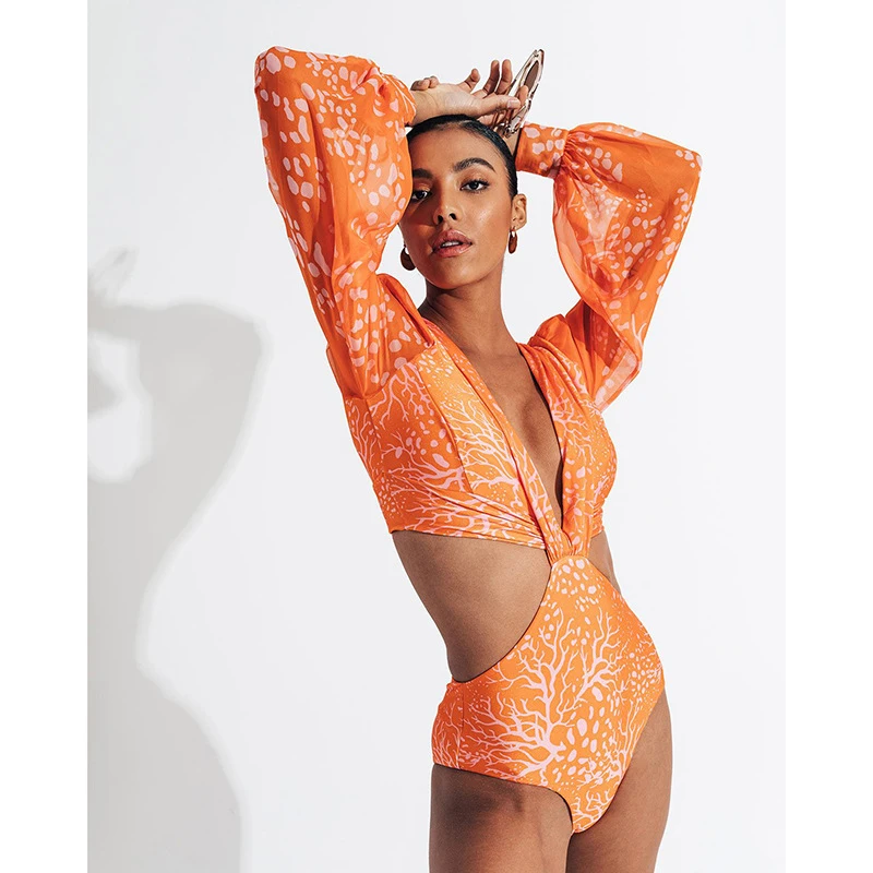 

Bikini For Women 2022 Overall Female Sexy Two Piece Set Swim Suit New Backless Long Sleeve One High Waist Lace Up Swimsuit Print