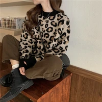 leopard sweater womens autumn and winter 2021 style wearing foreign style pullover sweater loose lazy style long sleeved top