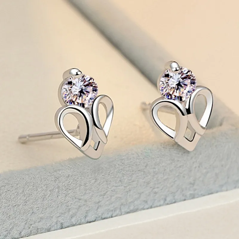 

925 Sterling Silver Zircon Heart Piercing Stud Earrings For Women Girls Wedding Jewelry Pendientes Hypoallergenic eh1236