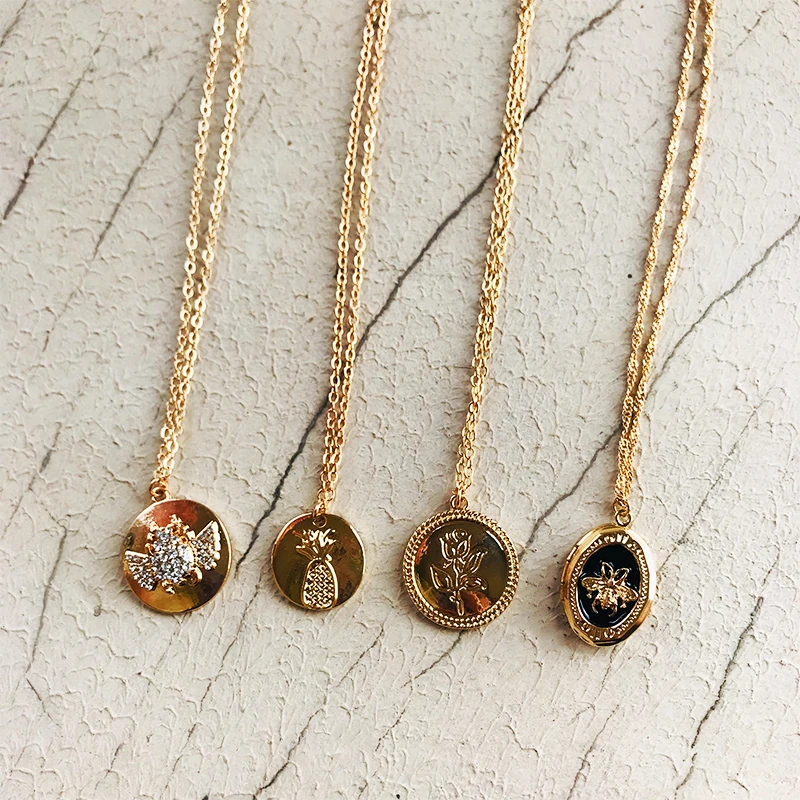 Cpop Trendy Rose Zircon Bee Pineapple Pendant Gold Chain Necklace New Personality Fashion Jewelry Accessories Girl Gift | Украшения и