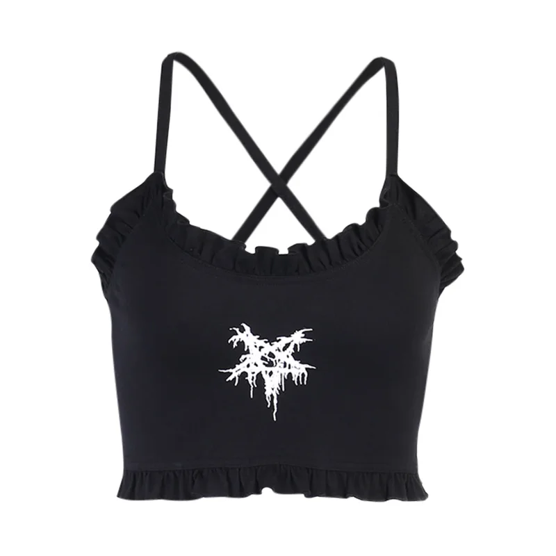 

Harajuku Gothic Sexy Pentagram Print Black Camis Vintage Punk tops Cross Backless Camisole Slim Tops Women's Summer Cropped Tops