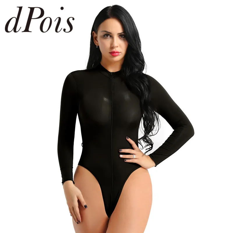 

Sexy Women Long Sleeve One Piece Catsuit See Through Sheer Lingerie Turtleneck High Cut Zippered Thong Leotard Bodysuit Swimsuit