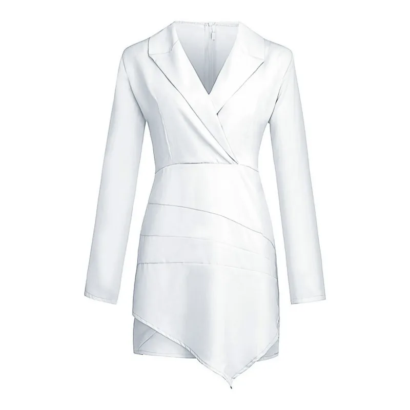 

Solid Fashion Women White Blazer 2020 Solid Tailored Collar Long Sleeve Overlap Hem Brief Office Lady Workwear Dress Vestidos