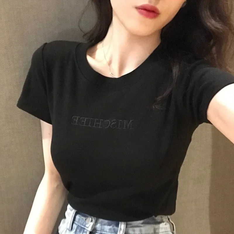 Women's Embroidered Spell Letter Short Sleeve T-shirt 2022 Summer Korean New Loose Student Top Kawaii Harajiku O-neck images - 4