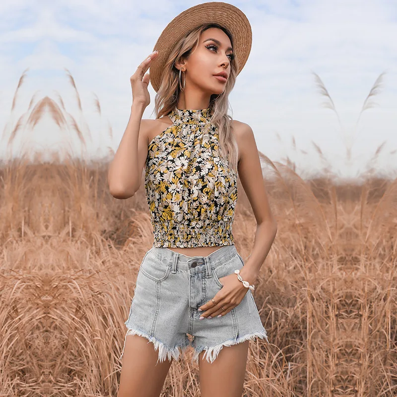 

2021 New Summer Beach Off Shoulder O-Neck Floral Print Sexy Slim Halter Women Vest Girls Top Female Vintage Office Lady Clothes