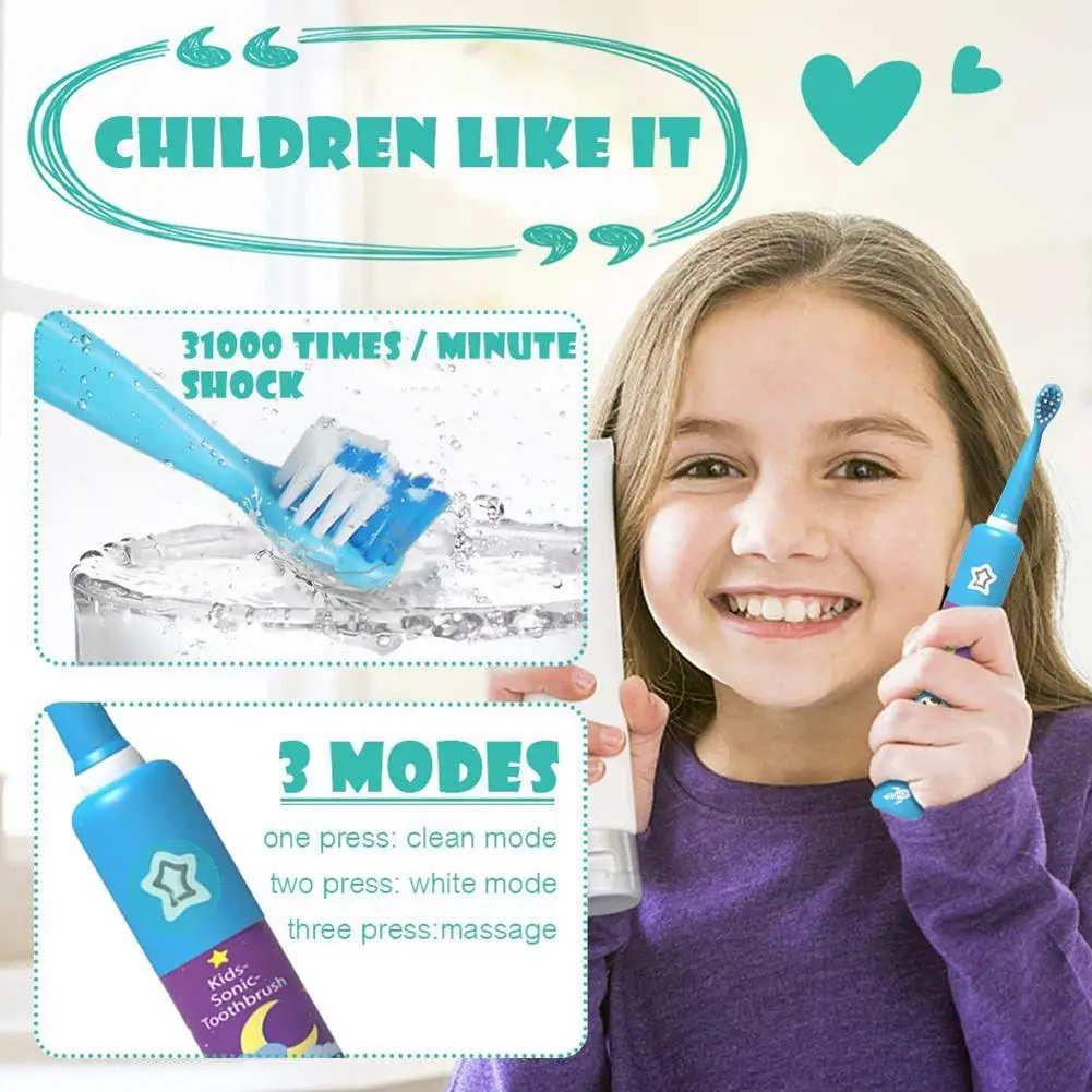 

Electric Toothbrush for Children Kids USB Charger Rechargeable Ultrasonic Automatic Smart Tooth Brushes Replacement Heads Set