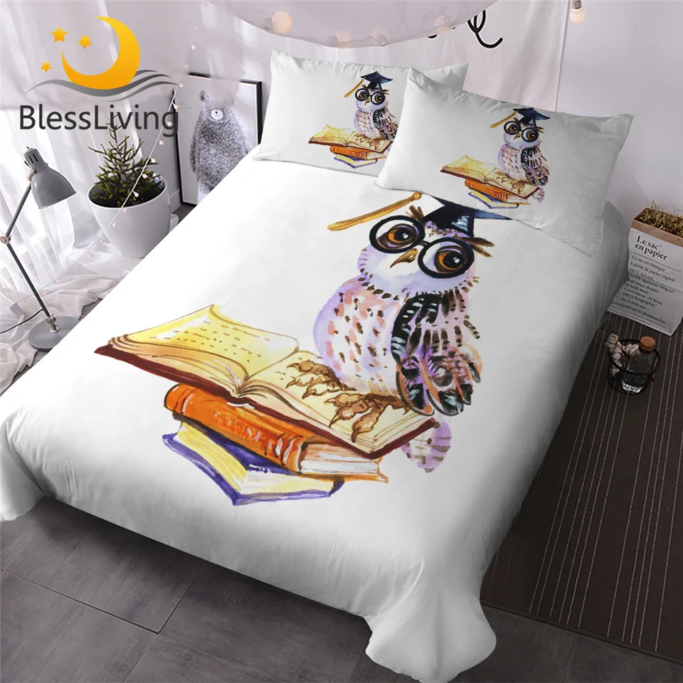 

BlessLiving Wise Owl Duvet Cover Queen Watercolor Bird Bedding Set Books Education Pattern Bedclothes White Home Textiles 3pcs