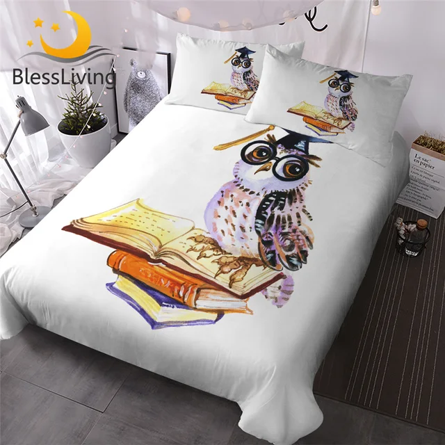 BlessLiving Wise Owl Duvet Cover Queen Watercolor Bird Bedding Set Books Education Pattern Bedclothes White Home Textiles 3pcs 1