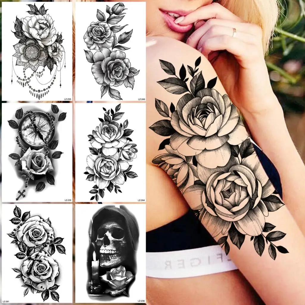 

Large Black Peony Rose Temporary Tattoos For Women Girls Realistic Flower Fake Tattoo Sticker Sexy Arm Thigh Tatoos Half Sleeve