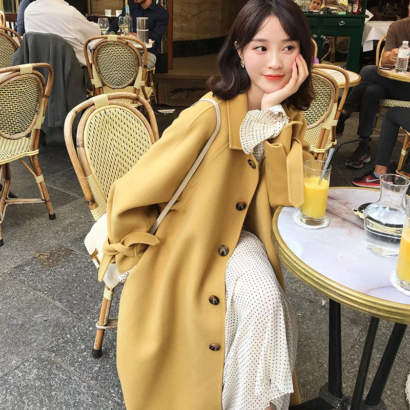 

2020 The New Winter Korean Fashion Female Woolen Coats Turn-Down Single-breasted Pocket Belted Women Blend Long Woolens Jacket